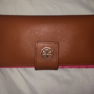 Brown leather and Pink Tory Burch wallet